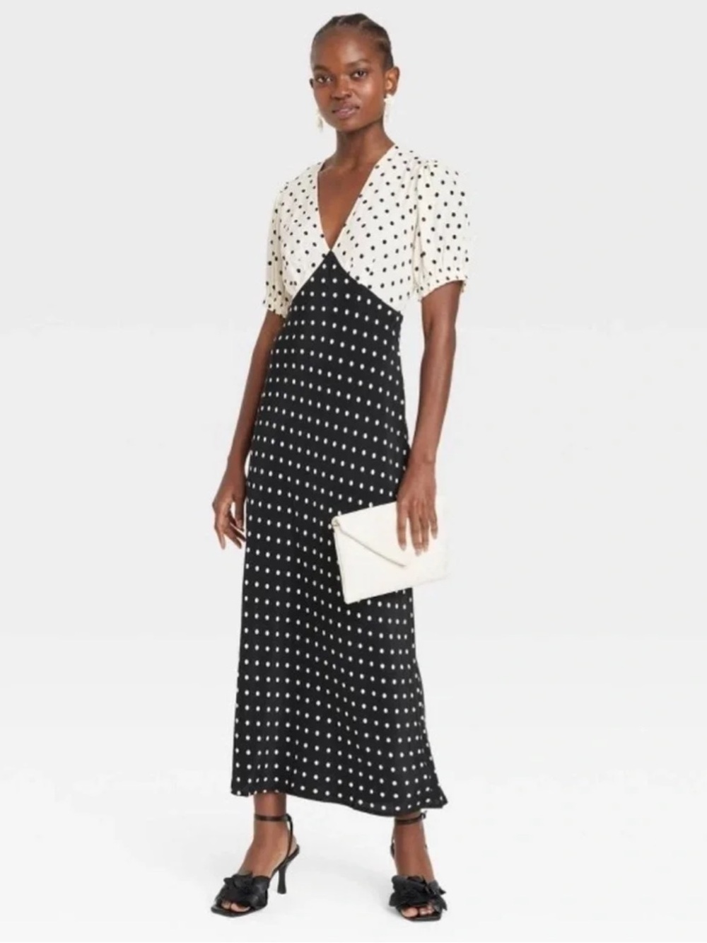 a new day Black and White Polka Dot V‑Neck Maxi Dress XS